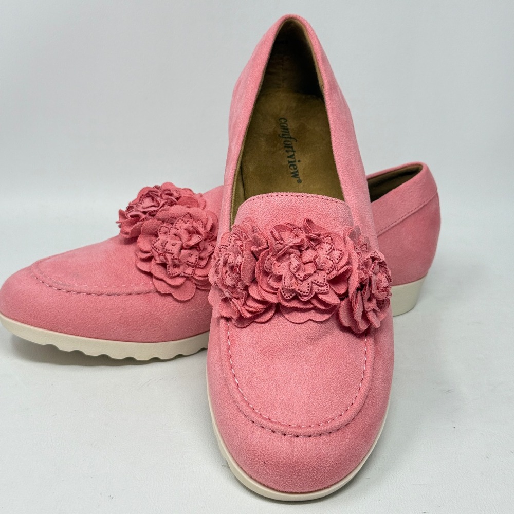 Comfortview Aubriele Pink Floral Loafers Womens 9W Slip On Shoes Cottage Boho